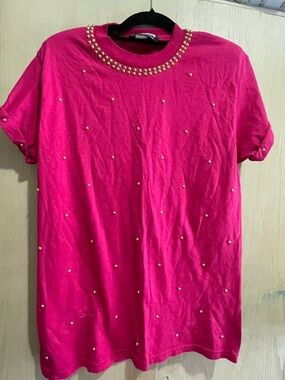 Gepetto Fuchsia Crewneck Top with Gold Stud Trim